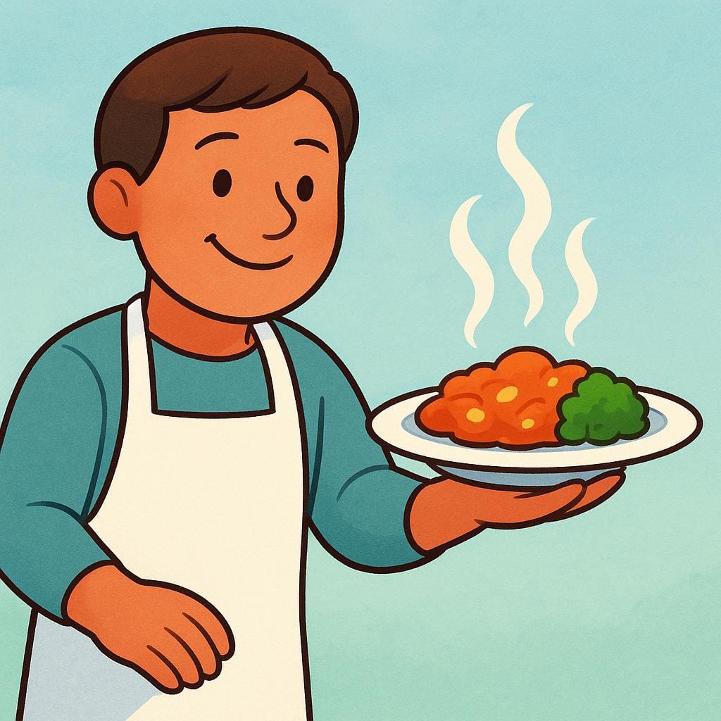 A person in a white apron leaning forward to hand a plate of food to someone.