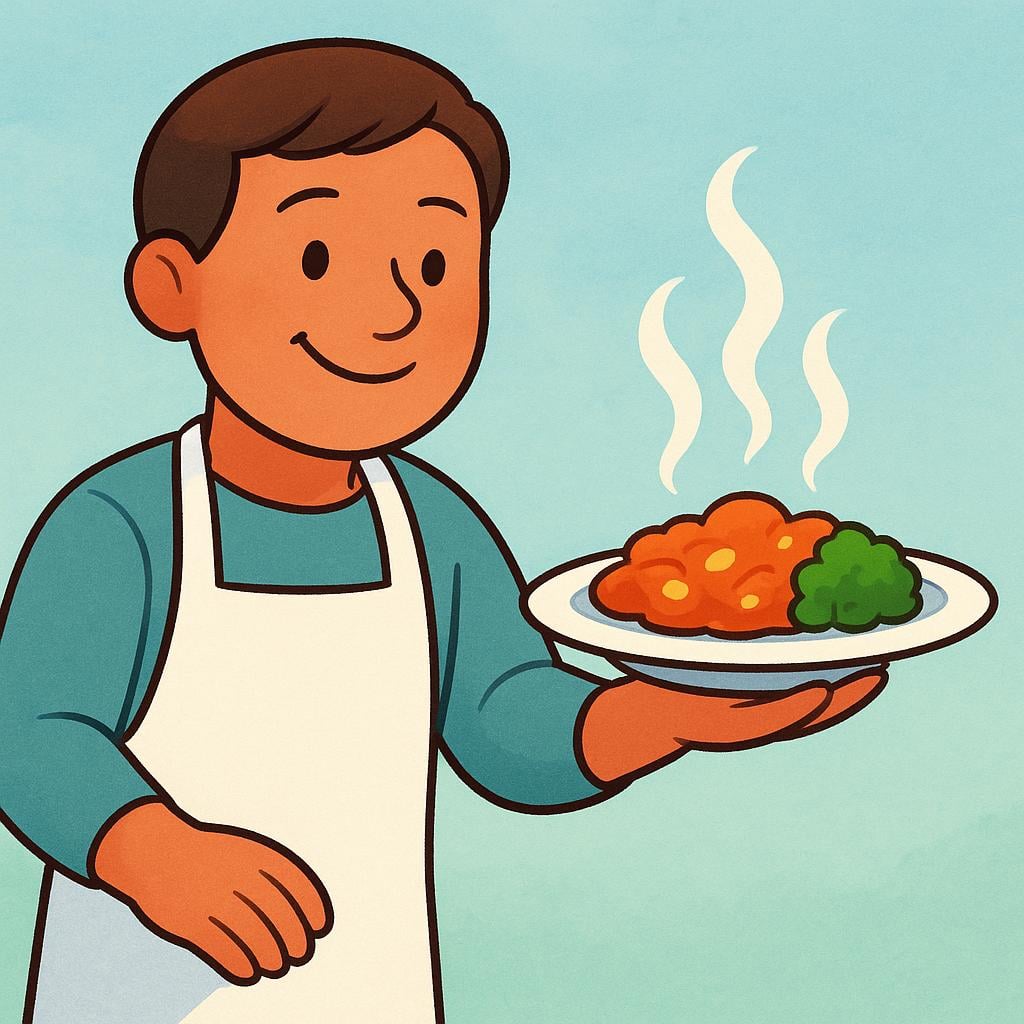 A person in a white apron leaning forward to hand a plate of food to someone.