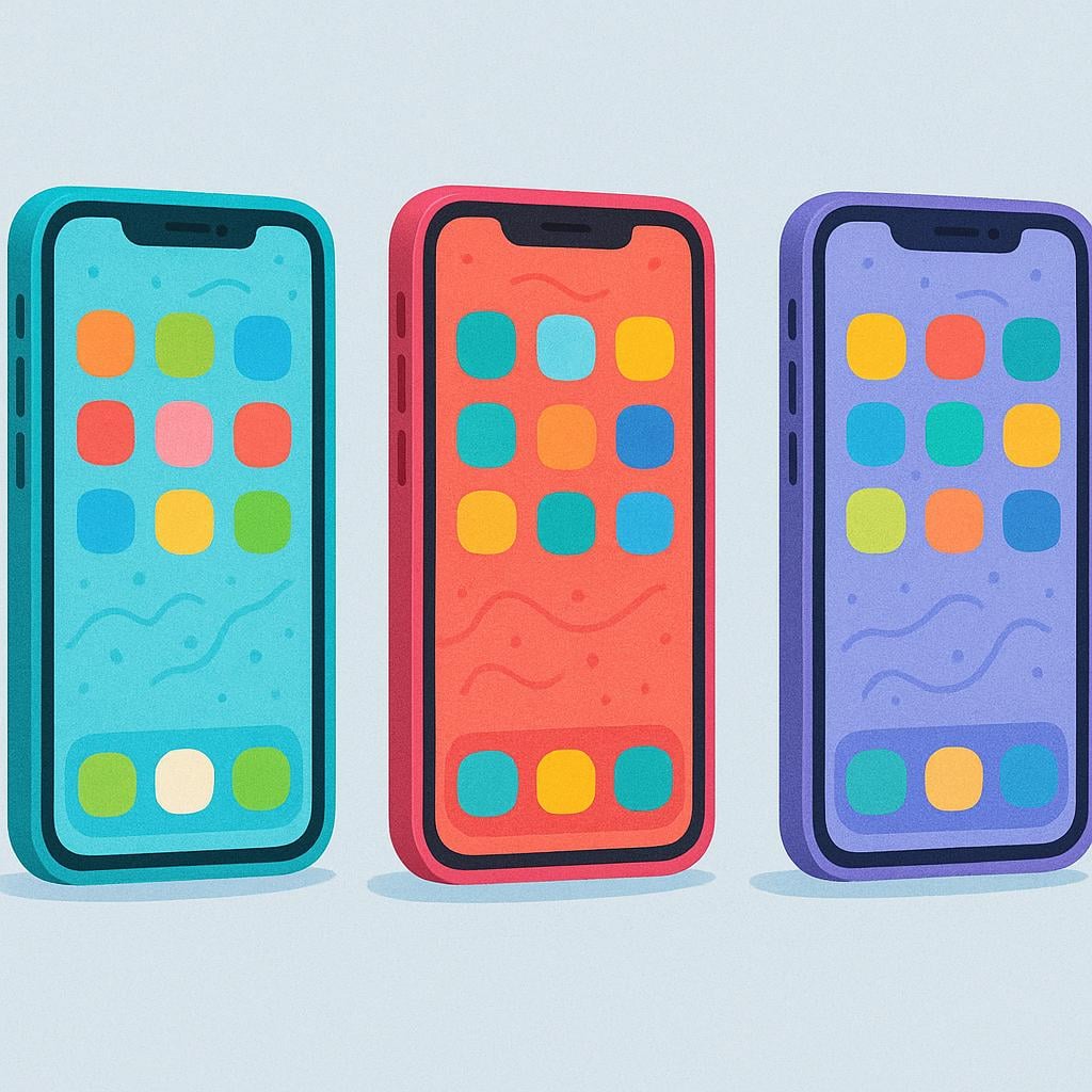 Three colorful, modern mobile phones displayed side-by-side.