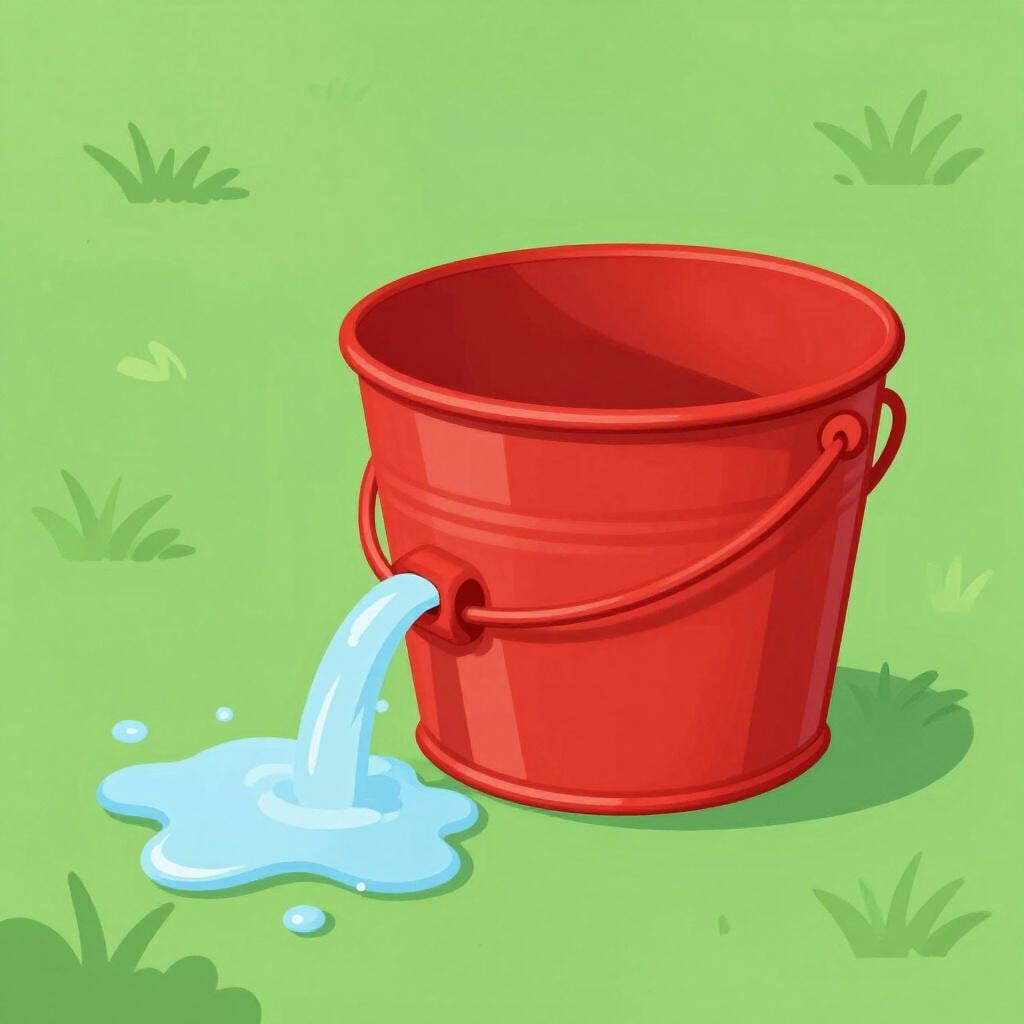 A bright red metal bucket sitting on green grass. The bucket has several large holes near the bottom, causing water to stream out onto the ground, rendering the bucket useless.