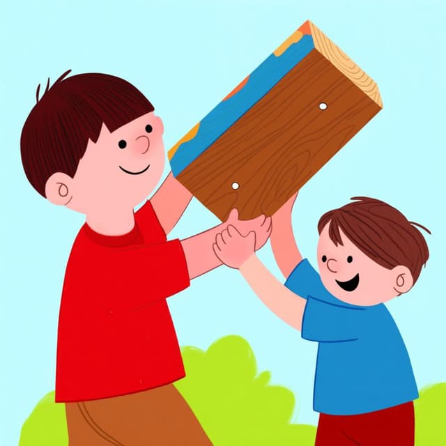 A friendly child helping a smaller child lift a large, colorful wooden block, demonstrating general assistance.