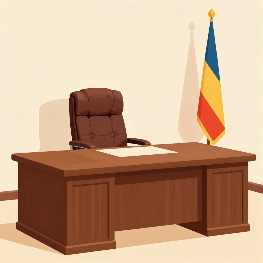 Een statige houten bureau in een grote kantoorruimte met een grote leren stoel en een nationale vlag ernaast.