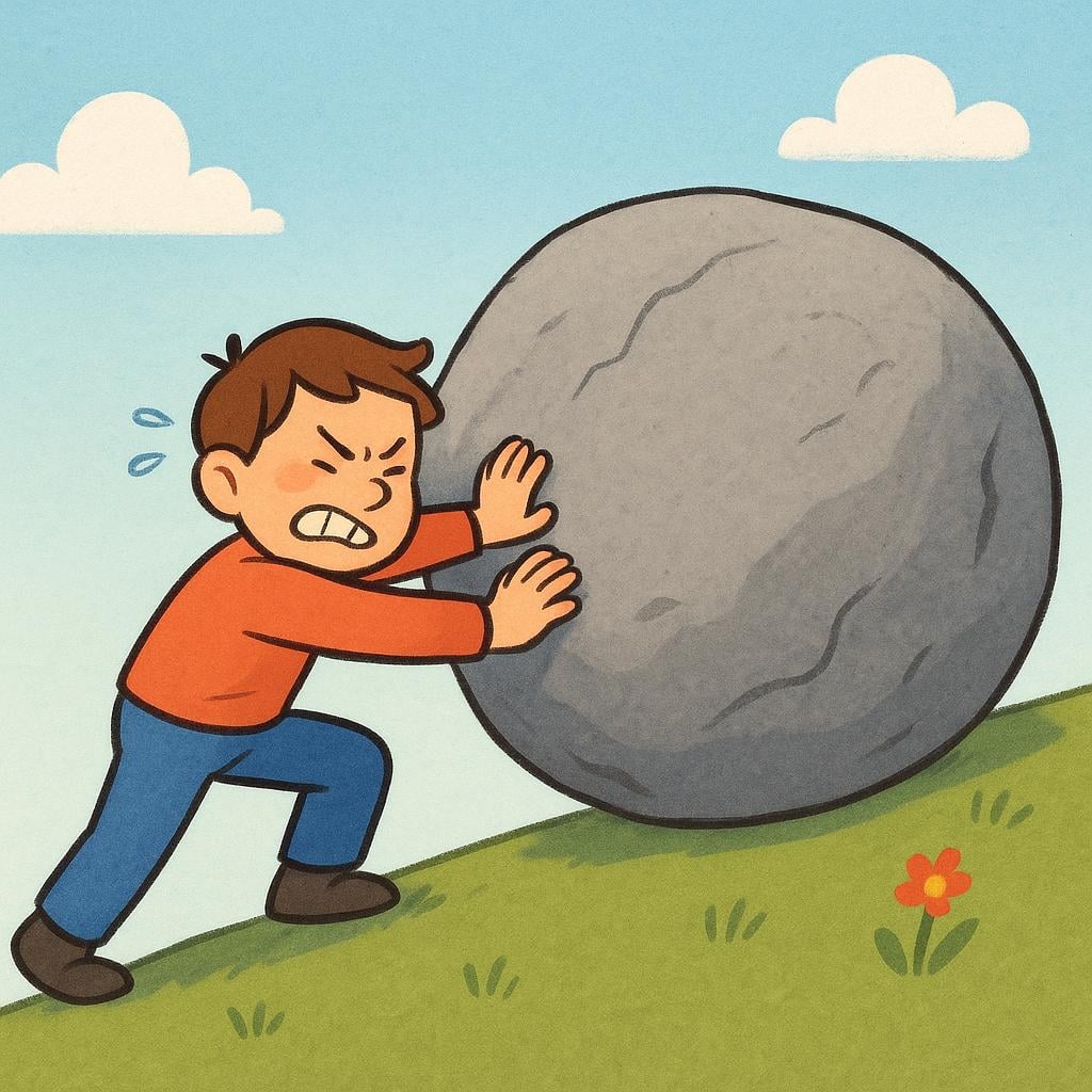 A determined figure pushing with all their might against a gigantic, rough, gray boulder that is resisting movement, illustrating great effort.