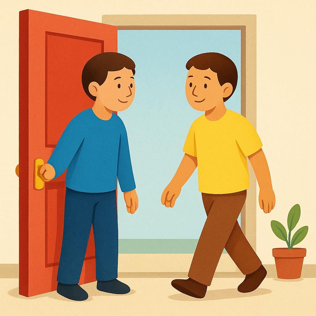One person politely holds a door open for another person who is walking through, demonstrating good manners.