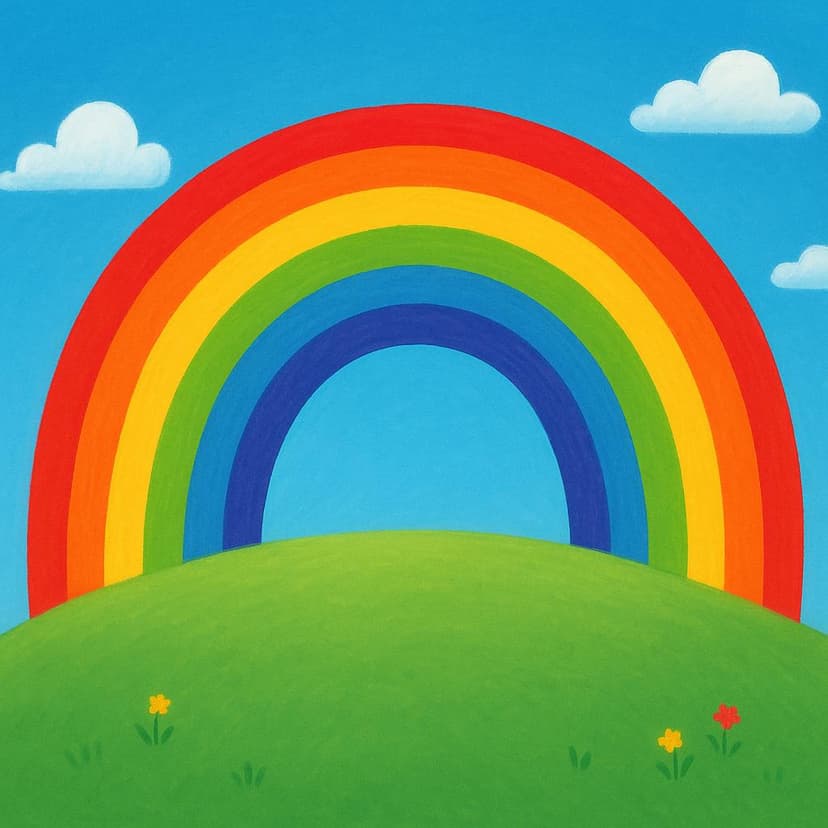 A vibrant rainbow suddenly appearing in a bright blue sky above a green hill, symbolizing an event happening.