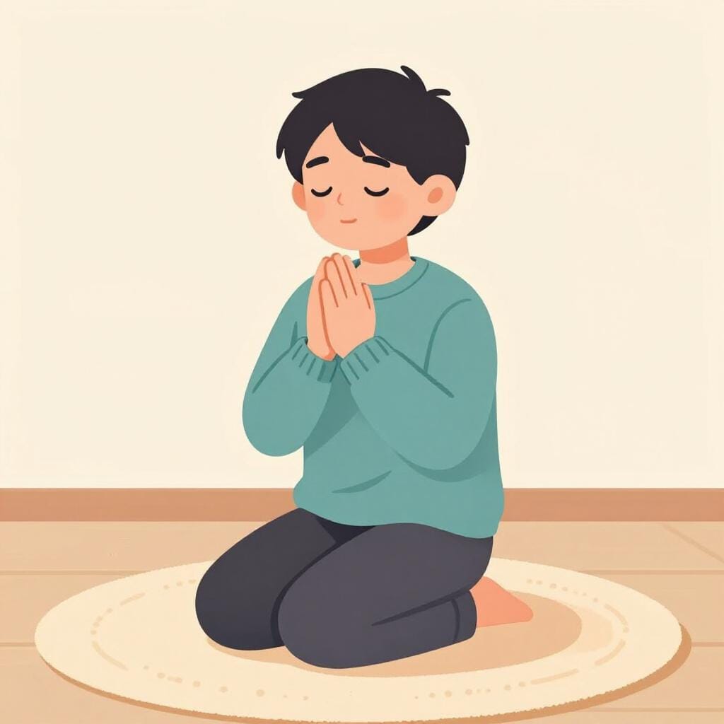 Eine Person sitzt friedlich mit geschlossenen Augen und zusammengepressten Händen in einer Gebetshaltung.