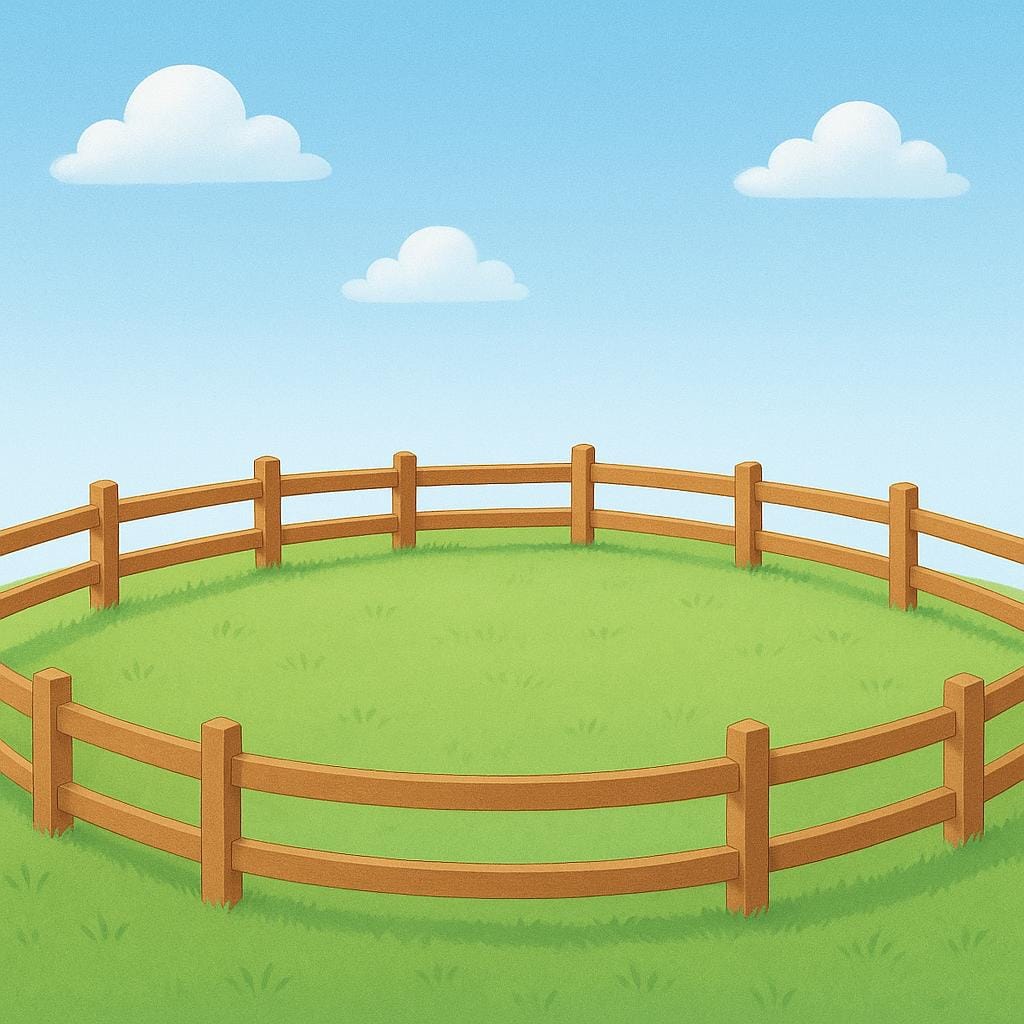 Eine einfache Illustration eines grasbewachsenen Feldes, das vollständig von einem niedrigen Holzzaun umschlossen ist und dessen Begrenzung definiert.