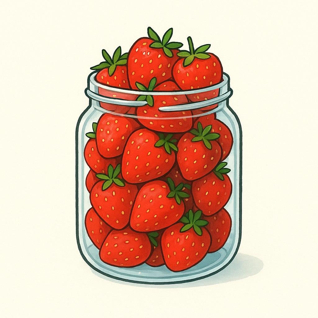 A transparent glass jar completely filled to the brim with bright red strawberries, indicating that the container is full.