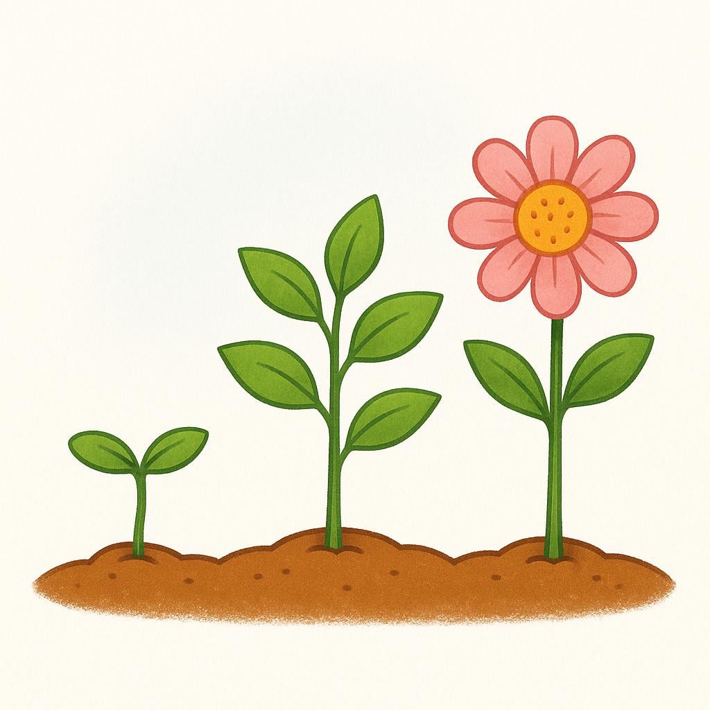 A visual sequence showing three stages of a plant's growth: a small seed, a tiny sprout, and a young plant with leaves.