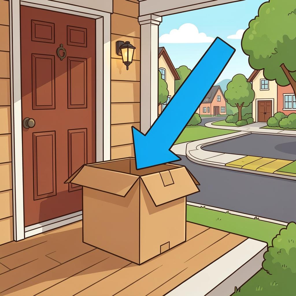 A cardboard package sitting on a wooden doorstep with a large blue arrow pointing away from the door.