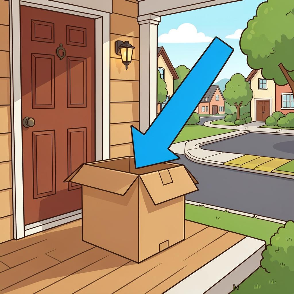 A cardboard package sitting on a wooden doorstep with a large blue arrow pointing away from the door.
