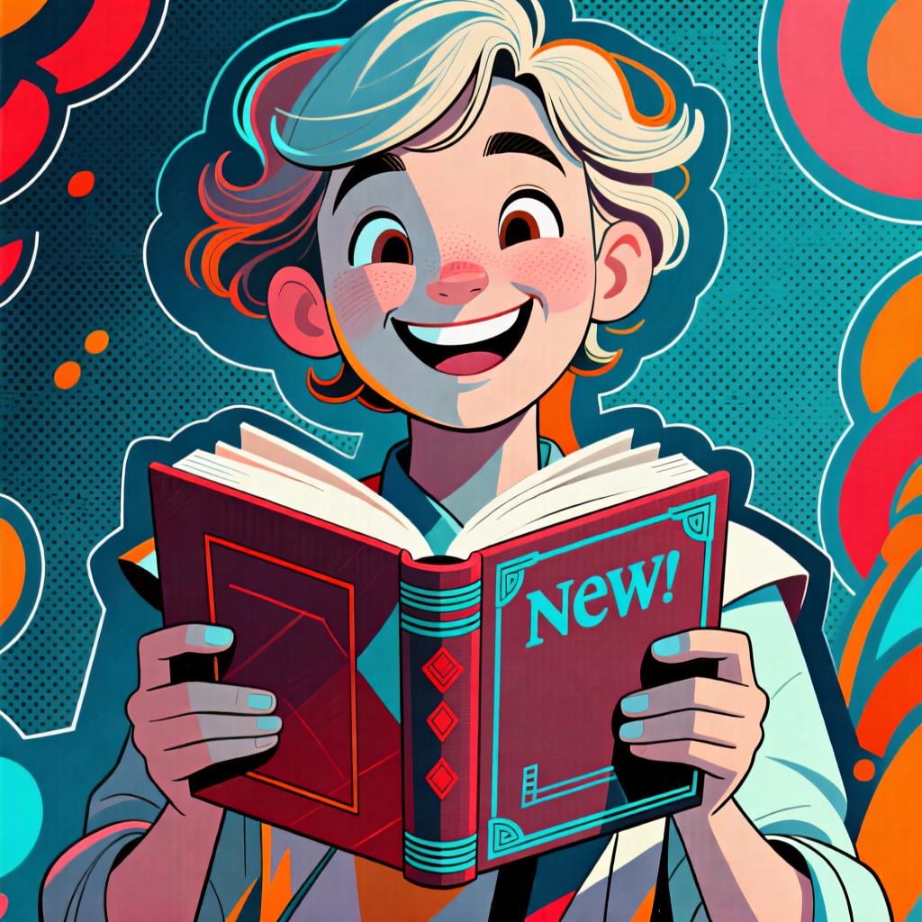 A person smiling while holding a new red book, representing the concept of possession.