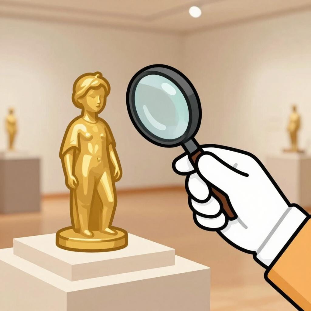 A person wearing white gloves carefully examining a gold statue in a museum setting.