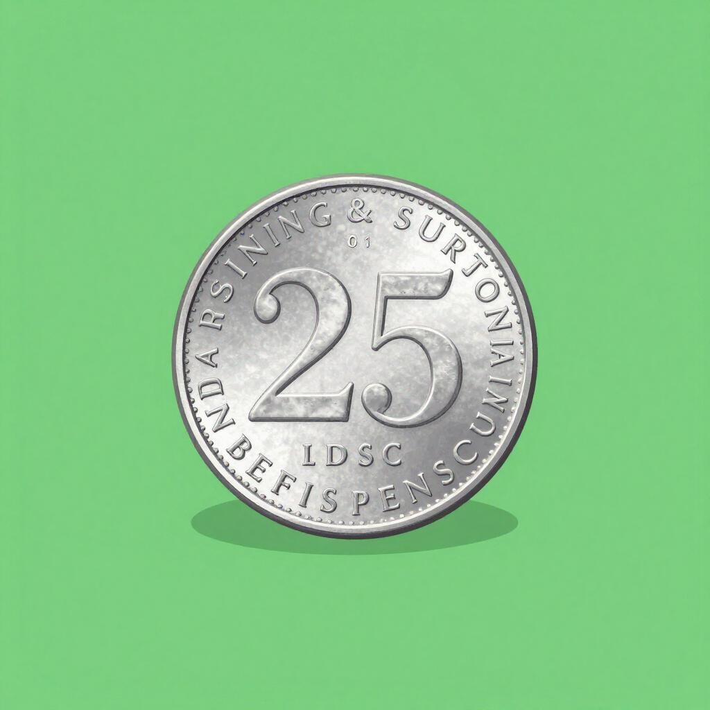 A shiny silver coin with a profile of a person on a solid green background.
