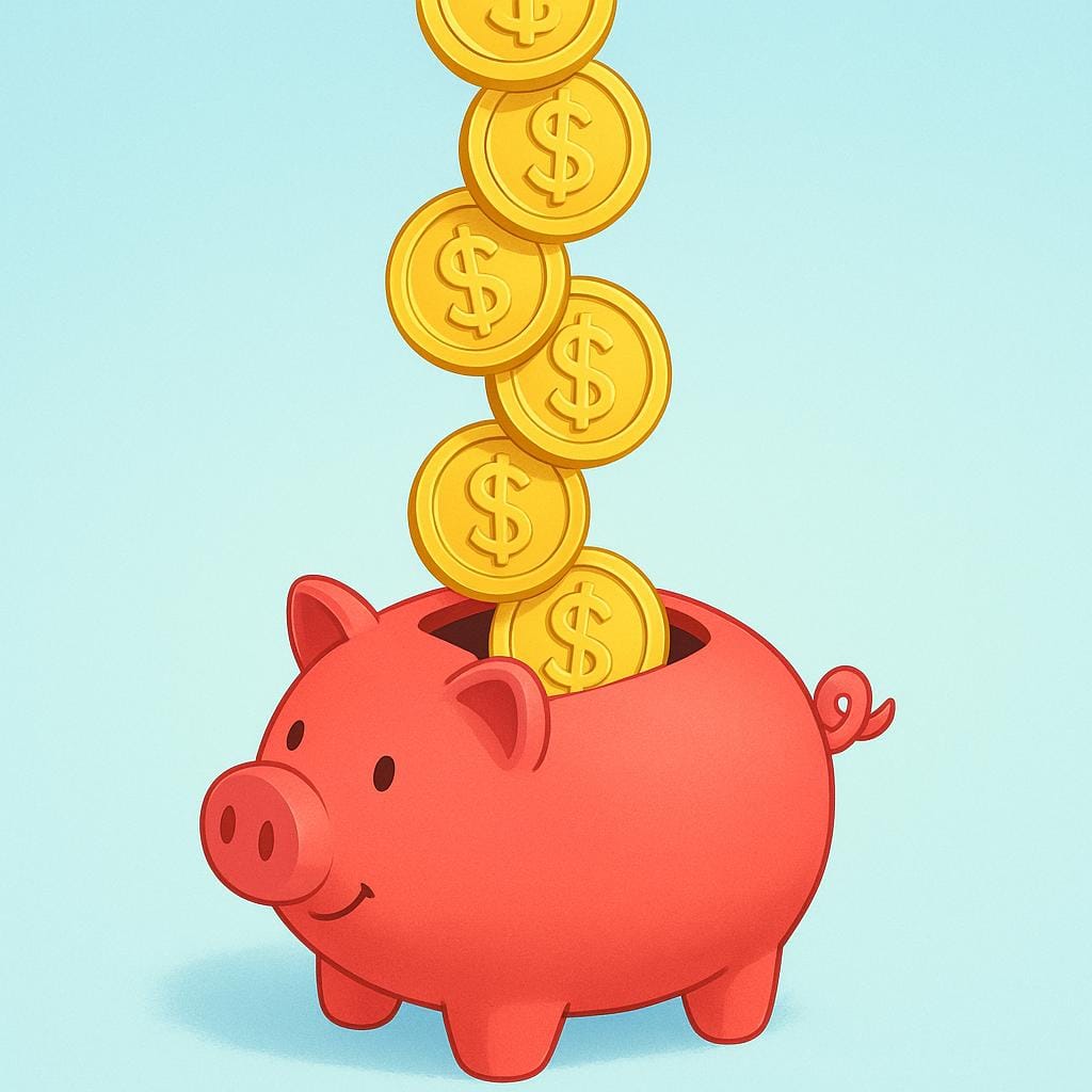 A steady stream of golden coins flowing downwards from an unseen source into a large, open piggy bank, representing the movement of money.