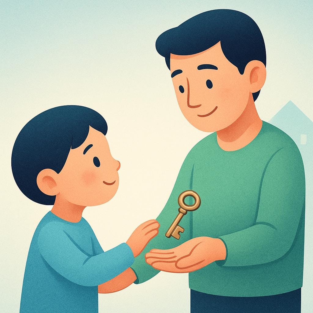 小柄で丁寧な人物が、大きな真鍮の鍵を背の高い人物から受け取っており、許可やアクセスを許可する様子を象徴しています。