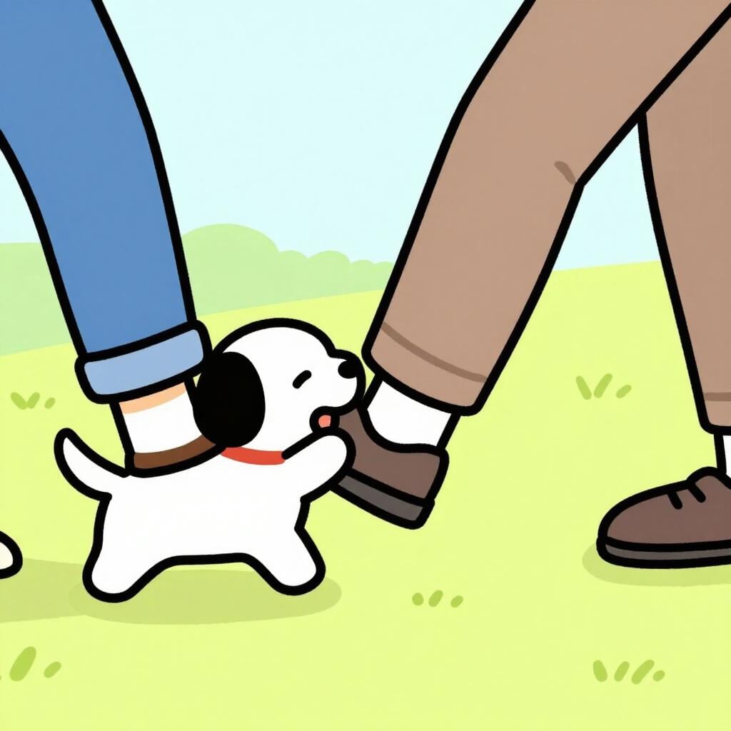 A playful puppy jumping around and tugging on a person's shoelaces.
