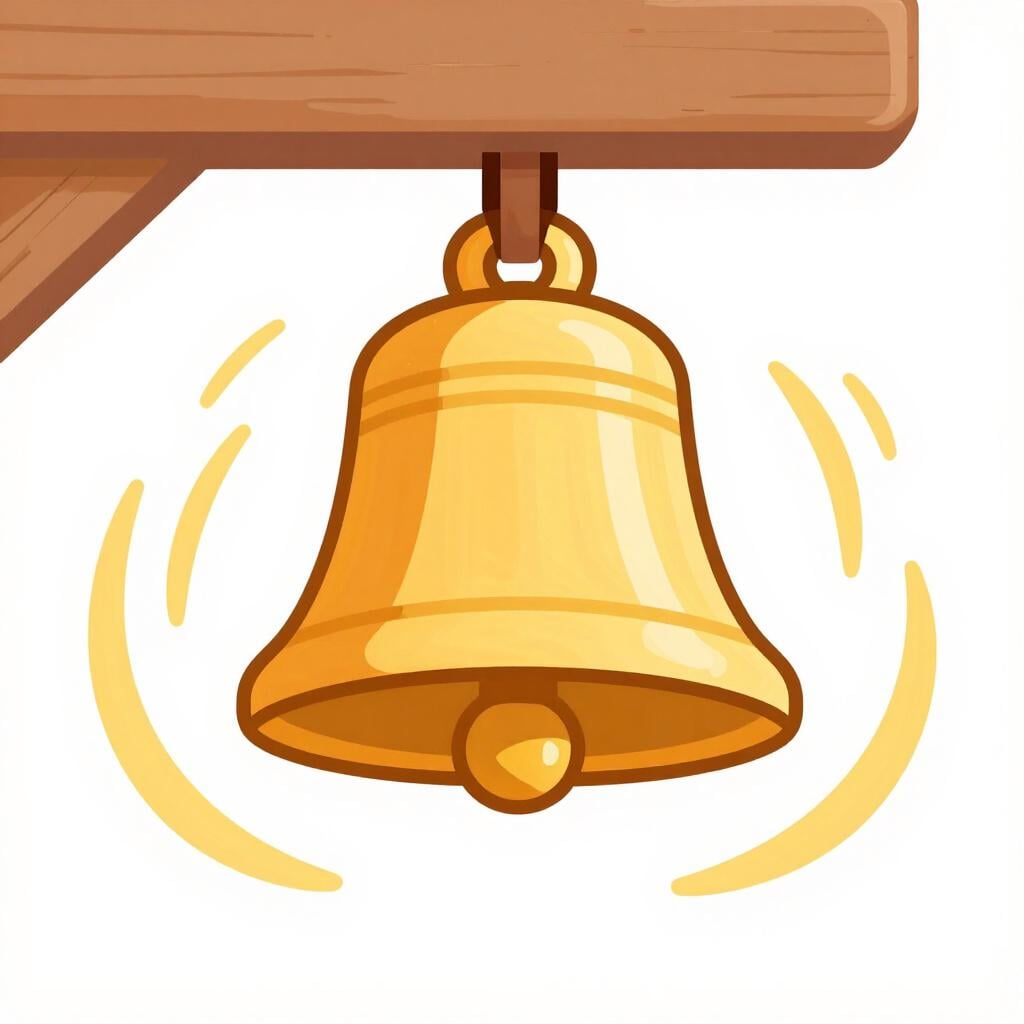 Een grote gouden bel die trilt met zichtbare rimpellijnen eromheen om een diep, helder geluid te tonen.