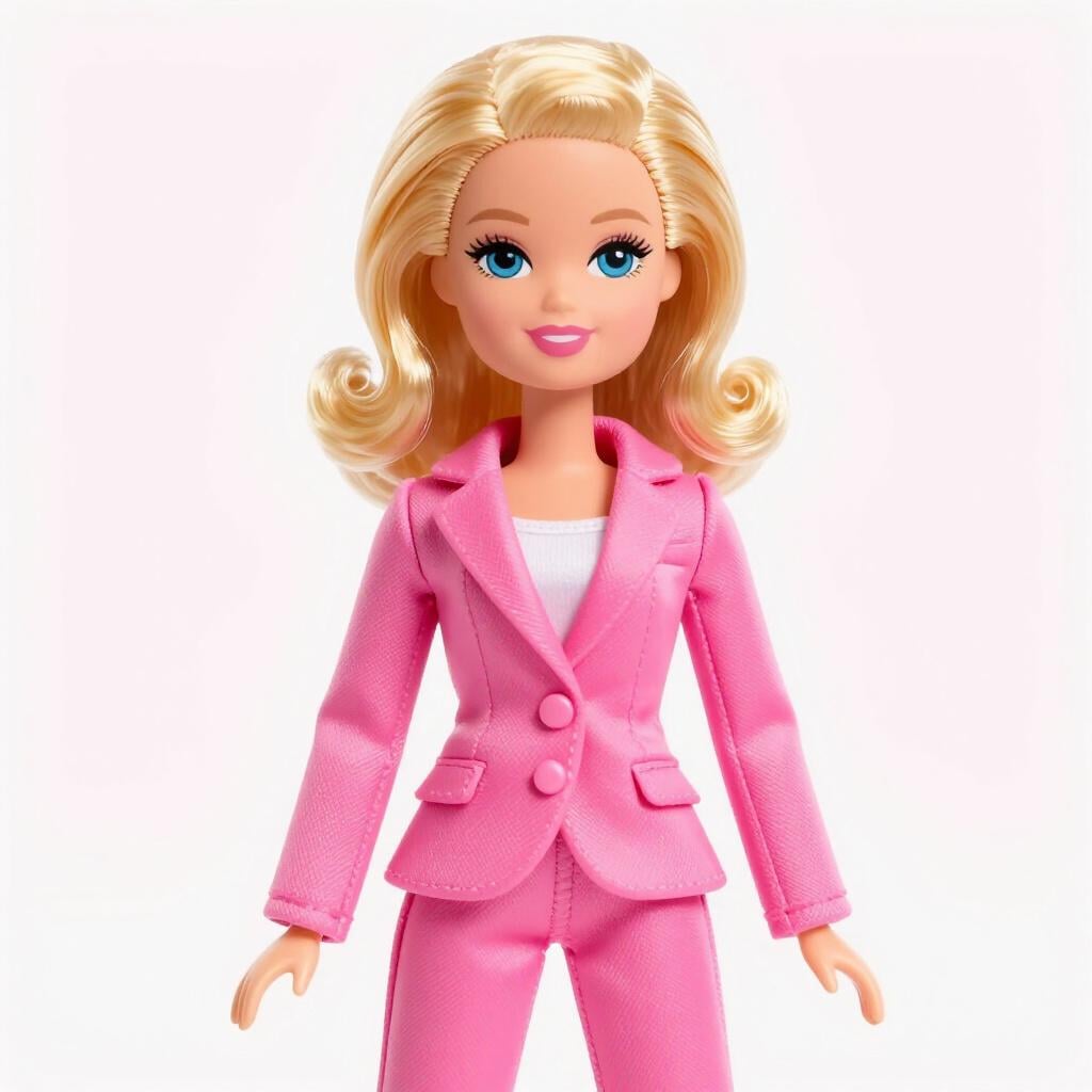 Une femme élégante aux cheveux blonds parfaitement coiffés et à la tenue rose à la mode, posant avec un grand sourire.