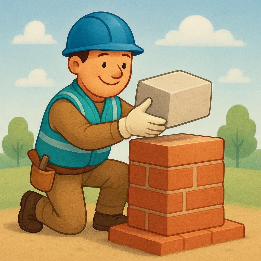 A smiling construction worker placing the final large stone block onto a simple, newly completed brick monument or wall.