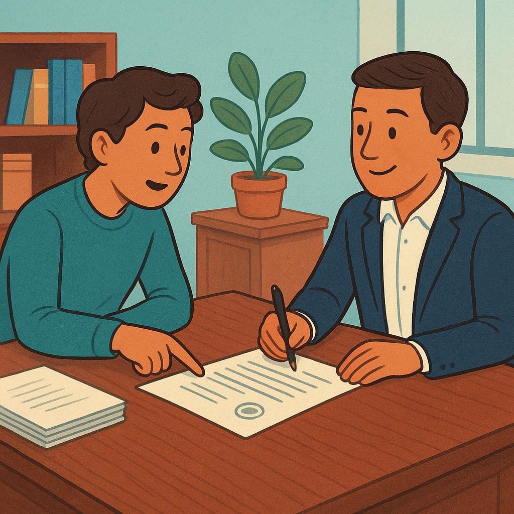 Two distinct figures, one appearing official (perhaps a judge or lawyer) and the other a participant, sitting across a large, formal wooden table, indicating involvement in a process.