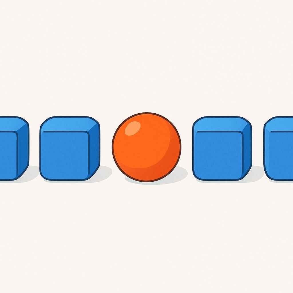 A group of identical blue cubes standing in a line, with one bright orange sphere mixed among them, emphasizing strangeness or oddness.
