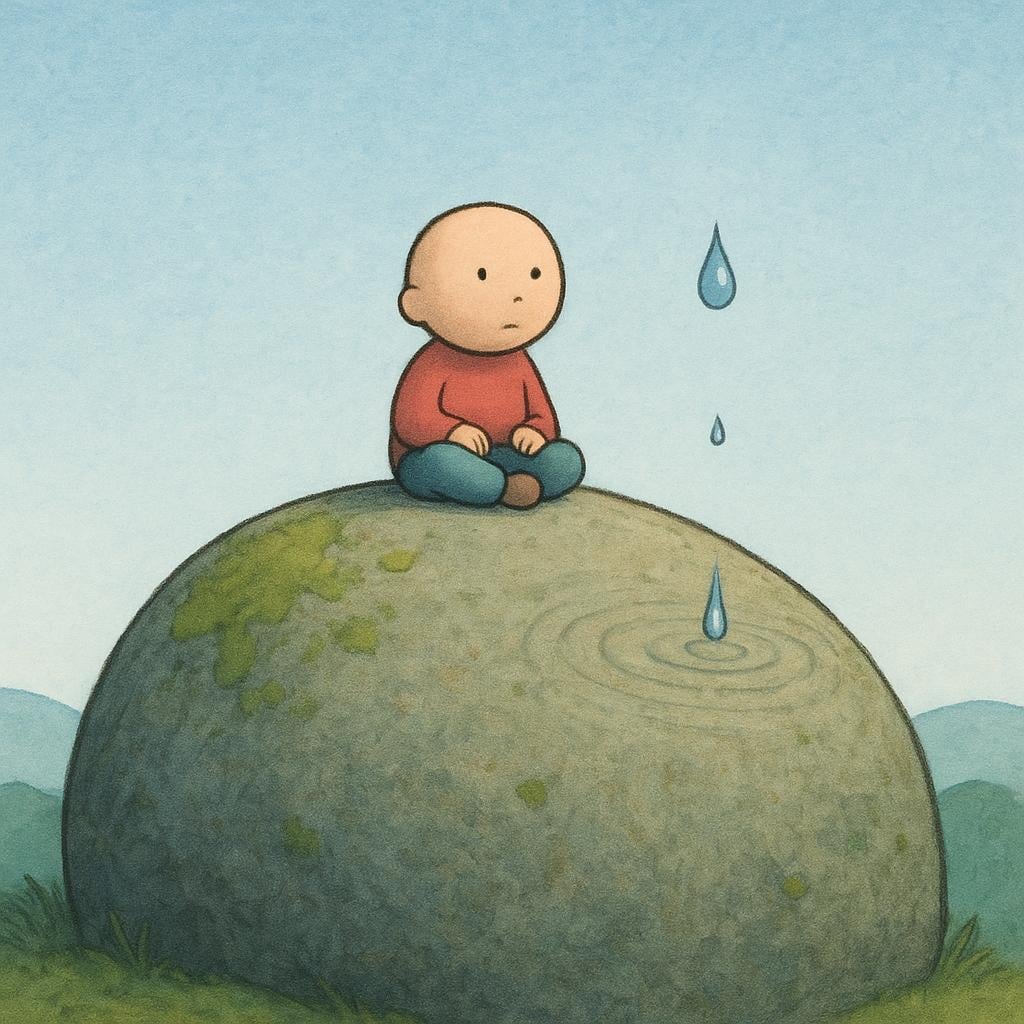 A storybook illustration of a figure sitting on a huge rock, patiently watching a single water drop slowly hit the stone, representing an exaggeratedly long duration.