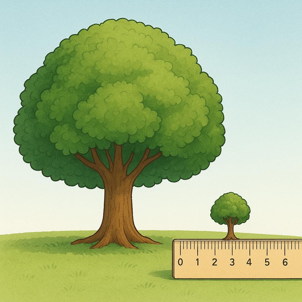 A massive green tree standing next to a tiny, identical miniature model of the tree, illustrating a size ratio.