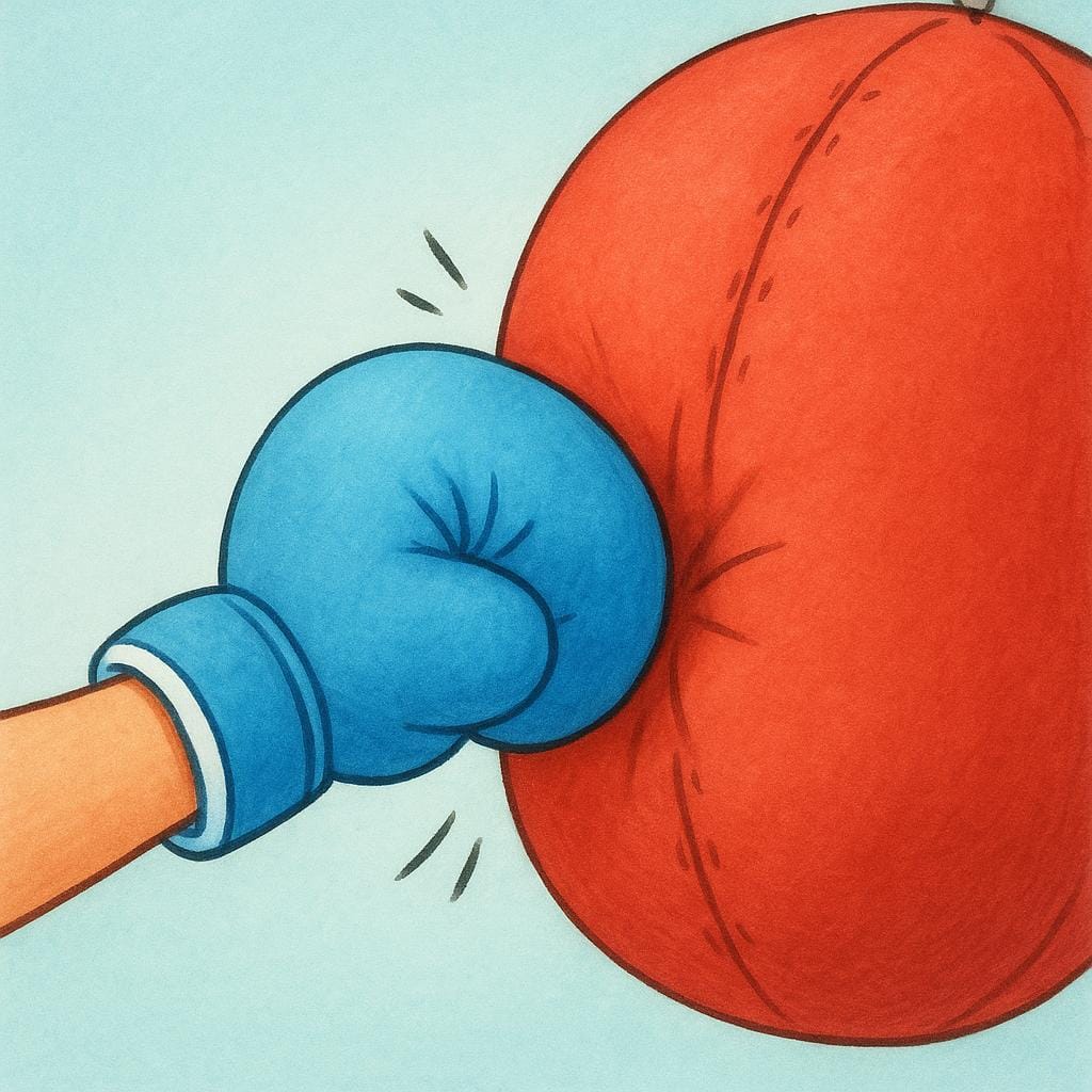 A cartoon child wearing boxing gloves lightly hitting a red punching bag.