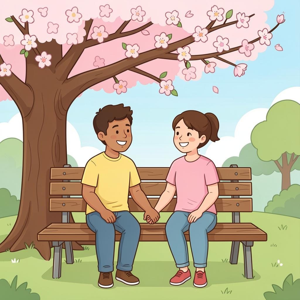 Zwei Personen sitzen eng beieinander auf einer Parkbank und halten Händchen und sehen glücklich aus.