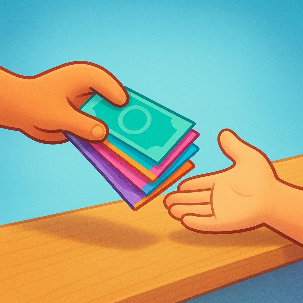 Two cartoon hands meeting over a counter, one hand is placing a small stack of colorful bills into the palm of the other hand, symbolizing a cash payment.