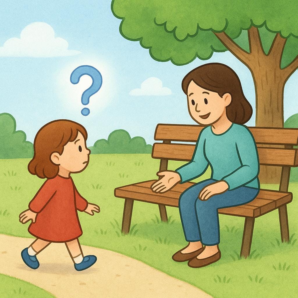 Una bambina con un punto interrogativo che fluttua sopra la testa si sta avvicinando a un adulto amichevole seduto su una panchina del parco, preparandosi visivamente a iniziare una conversazione.