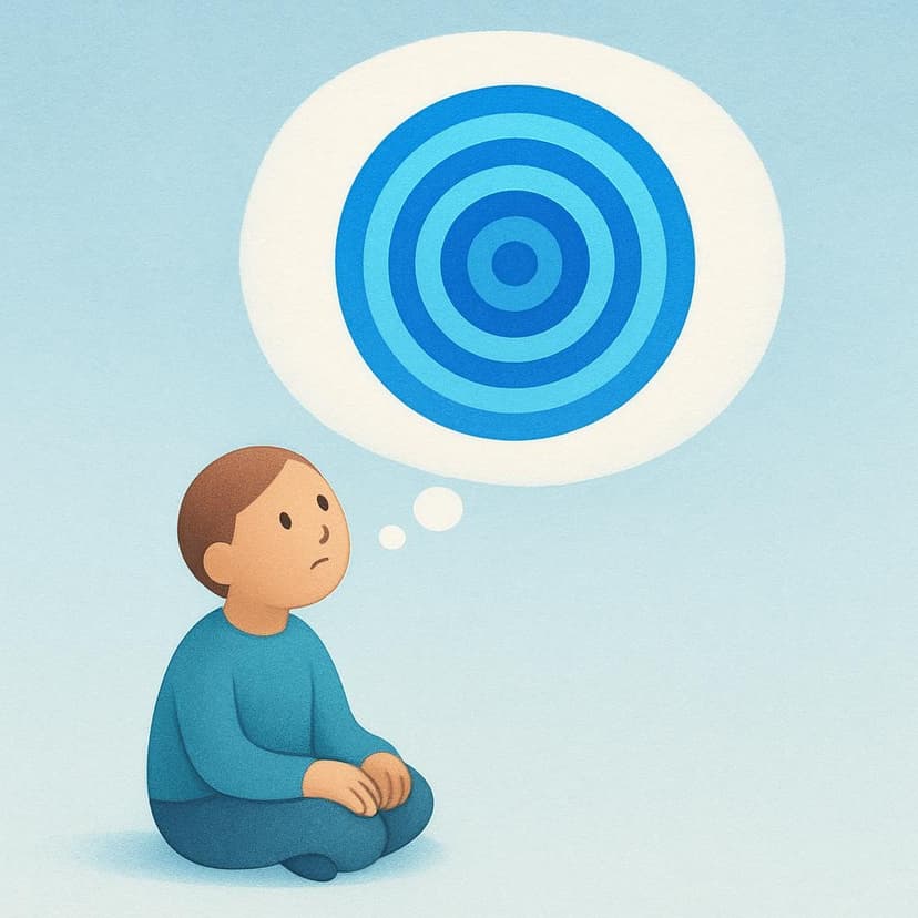 A simple, solitary figure sitting quietly and looking thoughtful. A large thought bubble floats above their head, containing stylized sound waves, symbolizing hypothetical speech or communication.