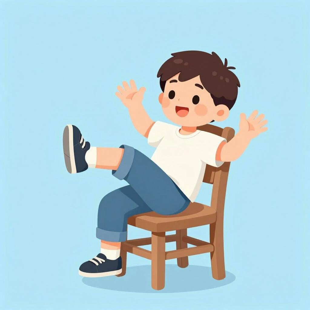 A child fidgeting and twisting in a wooden chair, unable to stay still.