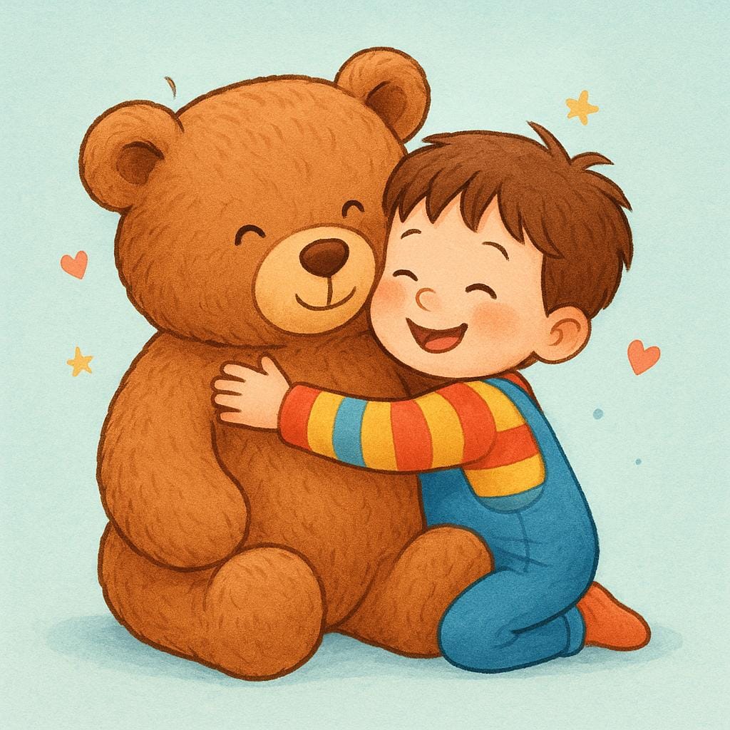 A small child hugging a large teddy bear tightly, showing emotional warmth.