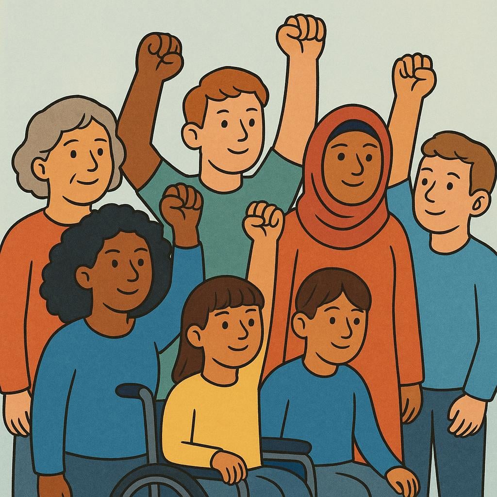 A diverse crowd of people standing close together, all raising their closed fists high into the air in a unified gesture of protest.