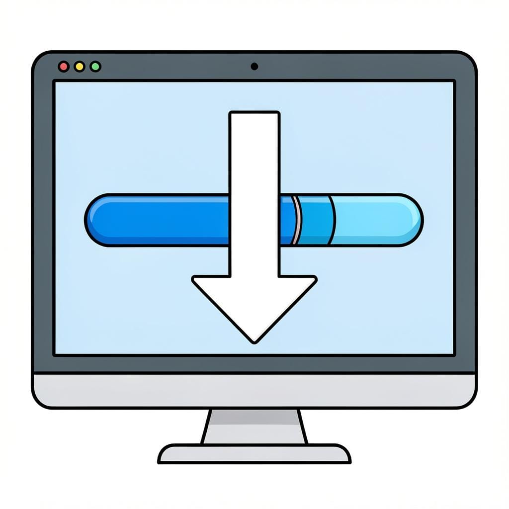A blue progress bar on a computer screen filling up with a white arrow pointing down.