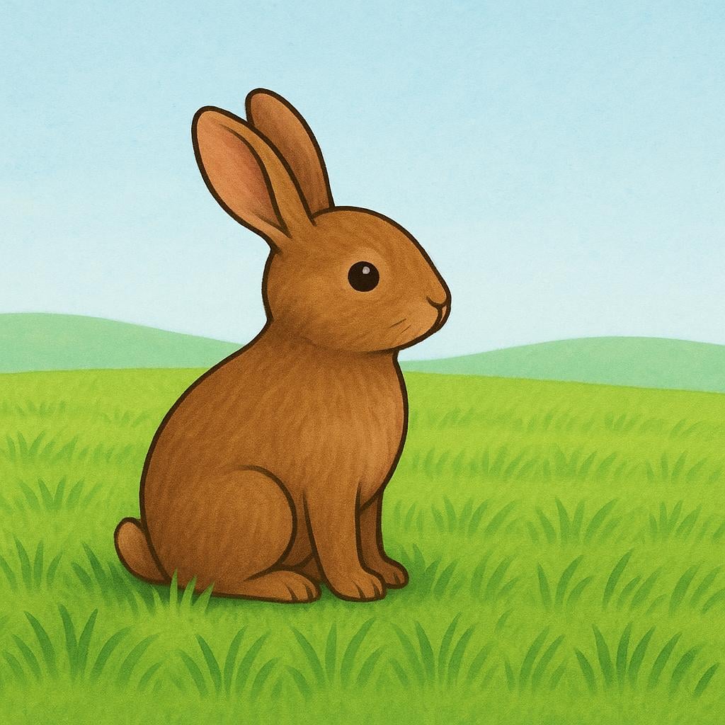 A small, brown rabbit sitting perfectly still in a field of green grass, looking forward, completely unmoving.