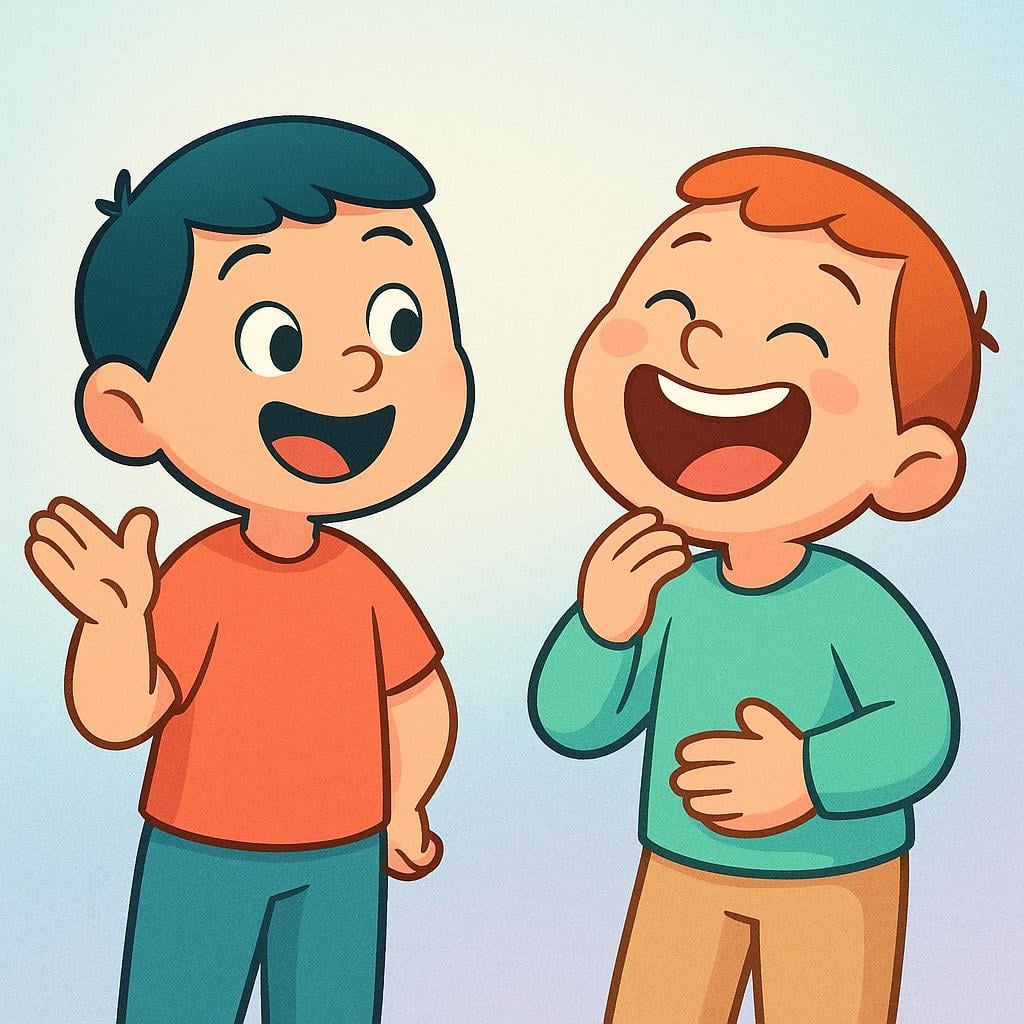 A brightly colored storybook illustration showing two friendly cartoon characters. One character is gesturing excitedly as if telling a story, and the other character is laughing heartily.