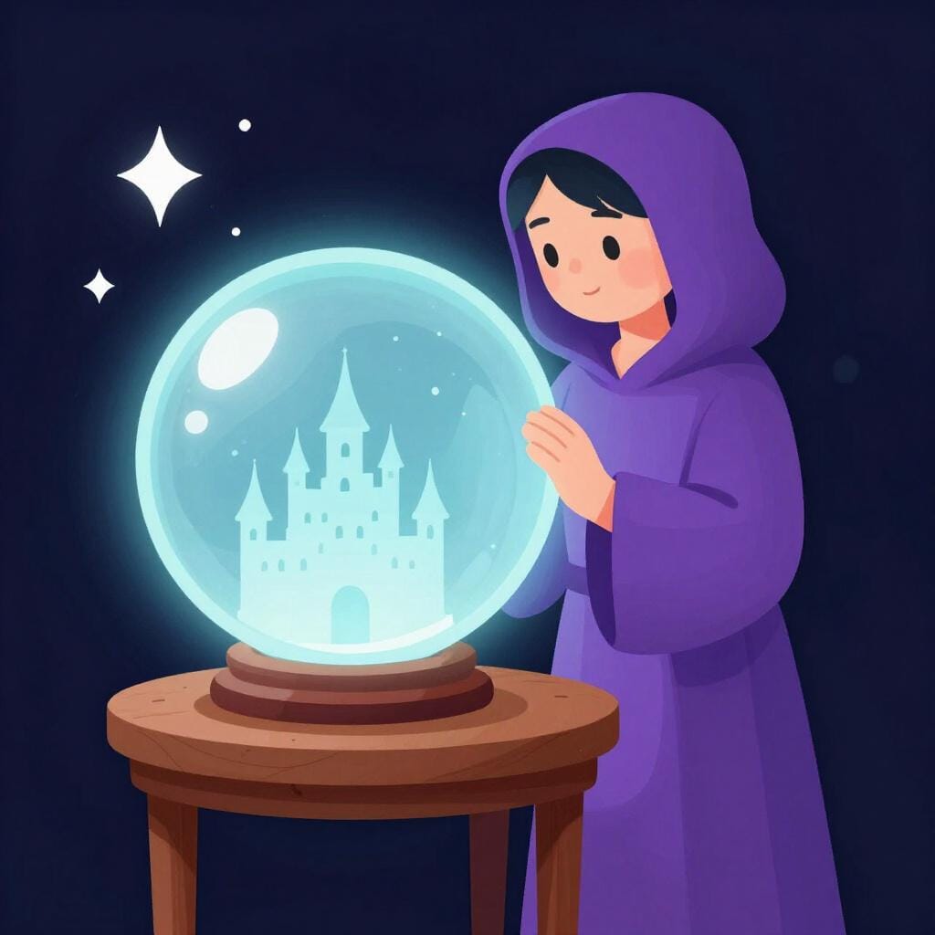 En mystisk figur i en huvförsedd mantel som tittar in i en glödande kristallkula som visar en svag vision av ett avlägset slott.