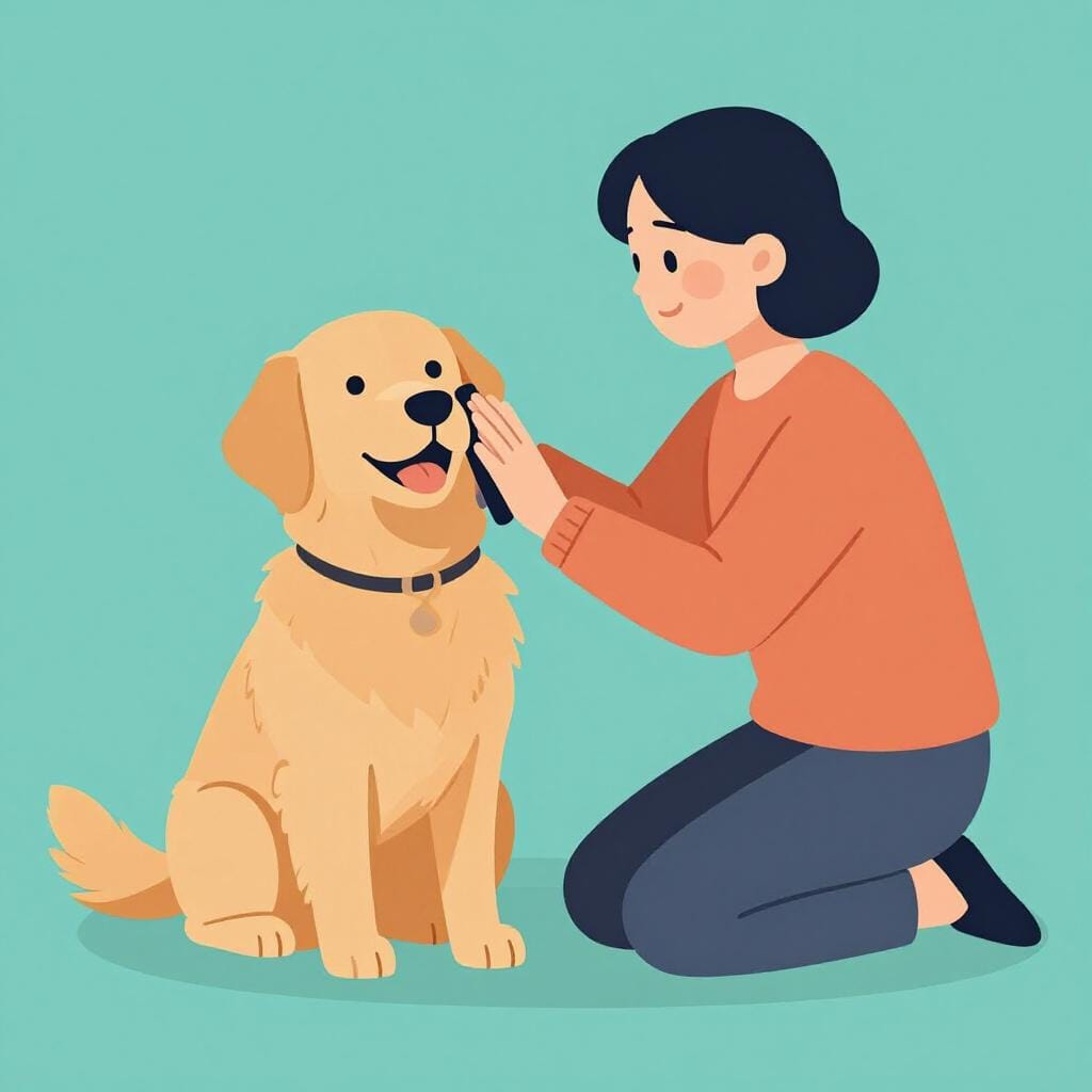 A person gently brushing a golden retriever with a soft brush.