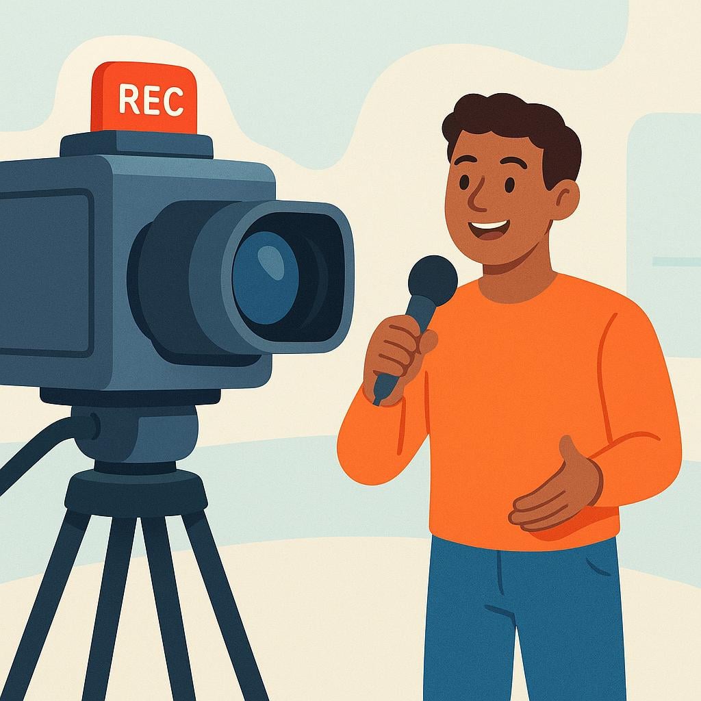 An illustration showing a professional television camera with a bright red recording light focused on a reporter speaking into a microphone, signifying a live broadcast.