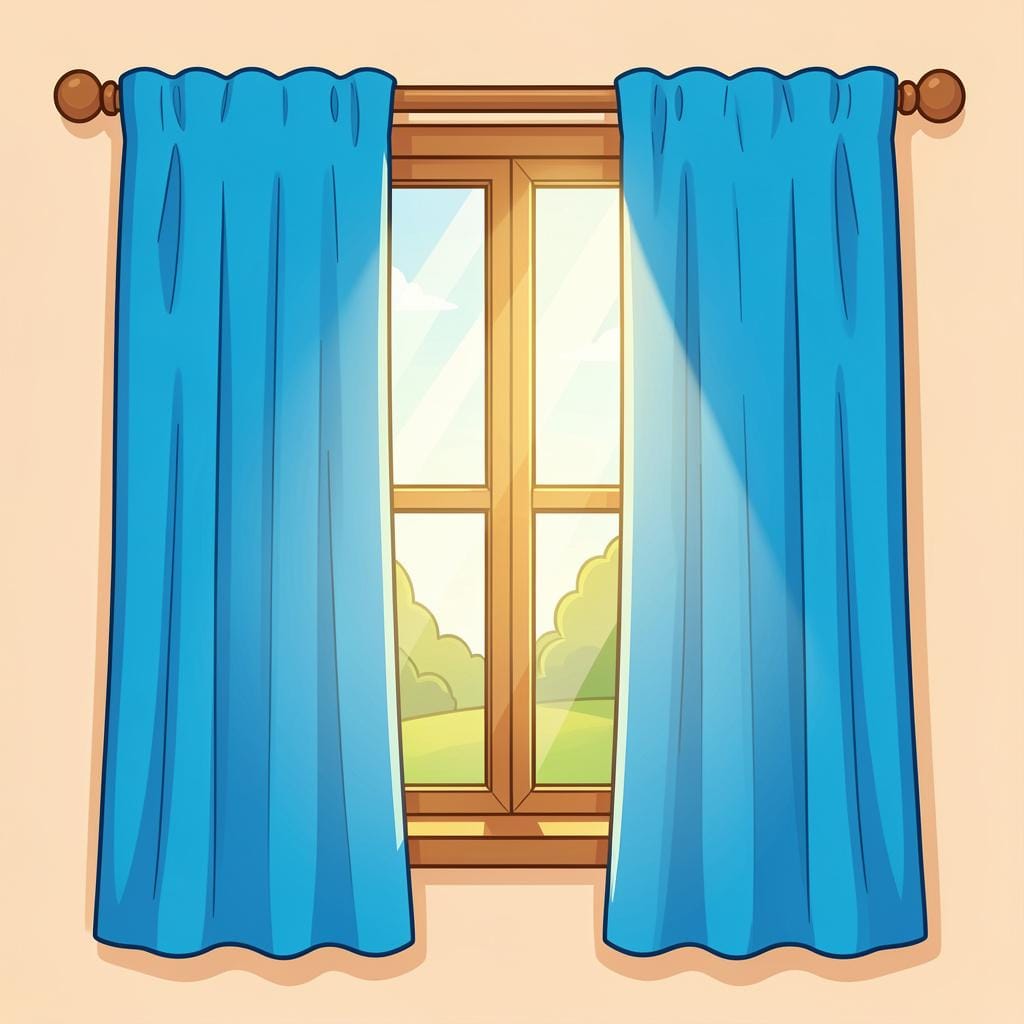A pair of bright blue curtains hanging over a window in a sunlit room.