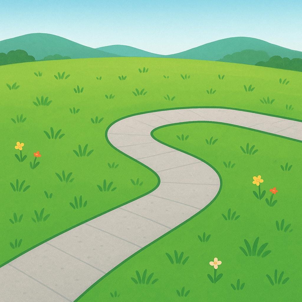 A winding, paved path making a sharp 90-degree turn to the right through a bright green field.