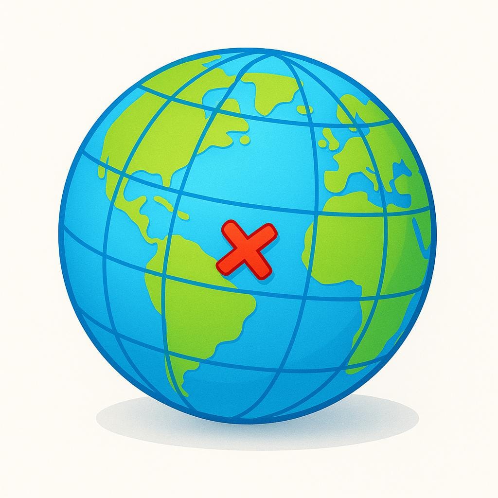 Une illustration simplifiée et colorée de style livre d'histoires d'un globe avec des lignes de grille bleues qui s'entrecroisent définissant la latitude et la longitude. Un 'X' rouge vif marque un seul emplacement spécifique sur la carte.