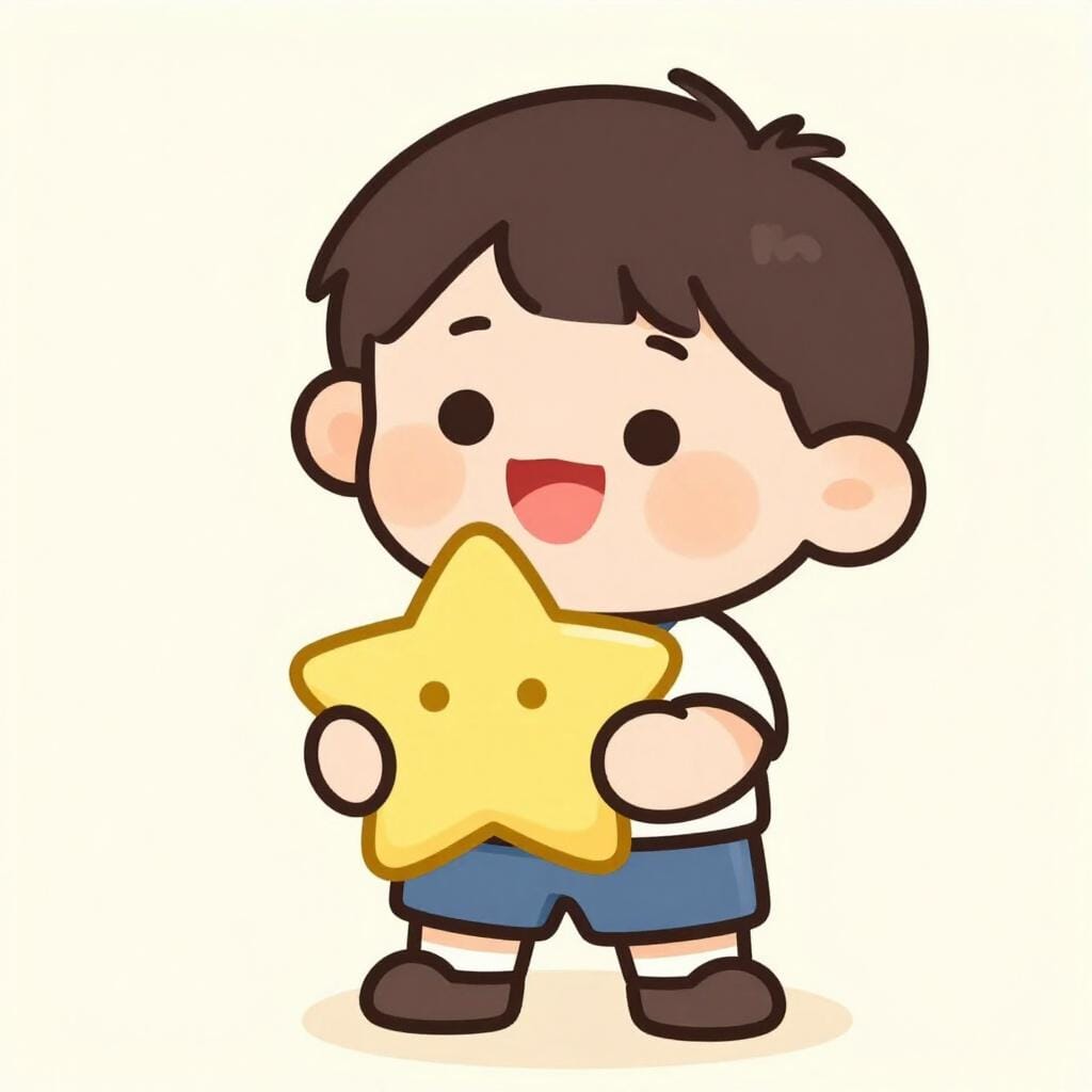 Un personnage enfant heureux se tenant fièrement tout en tenant une étoile jaune vif au-dessus de sa tête, symbolisant l'obtention réussie de quelque chose.