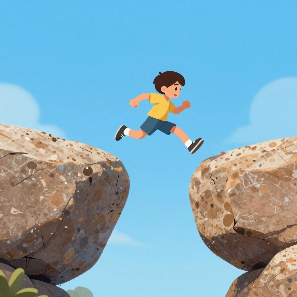 A brave person jumping between two high rocks in a colorful storybook style.