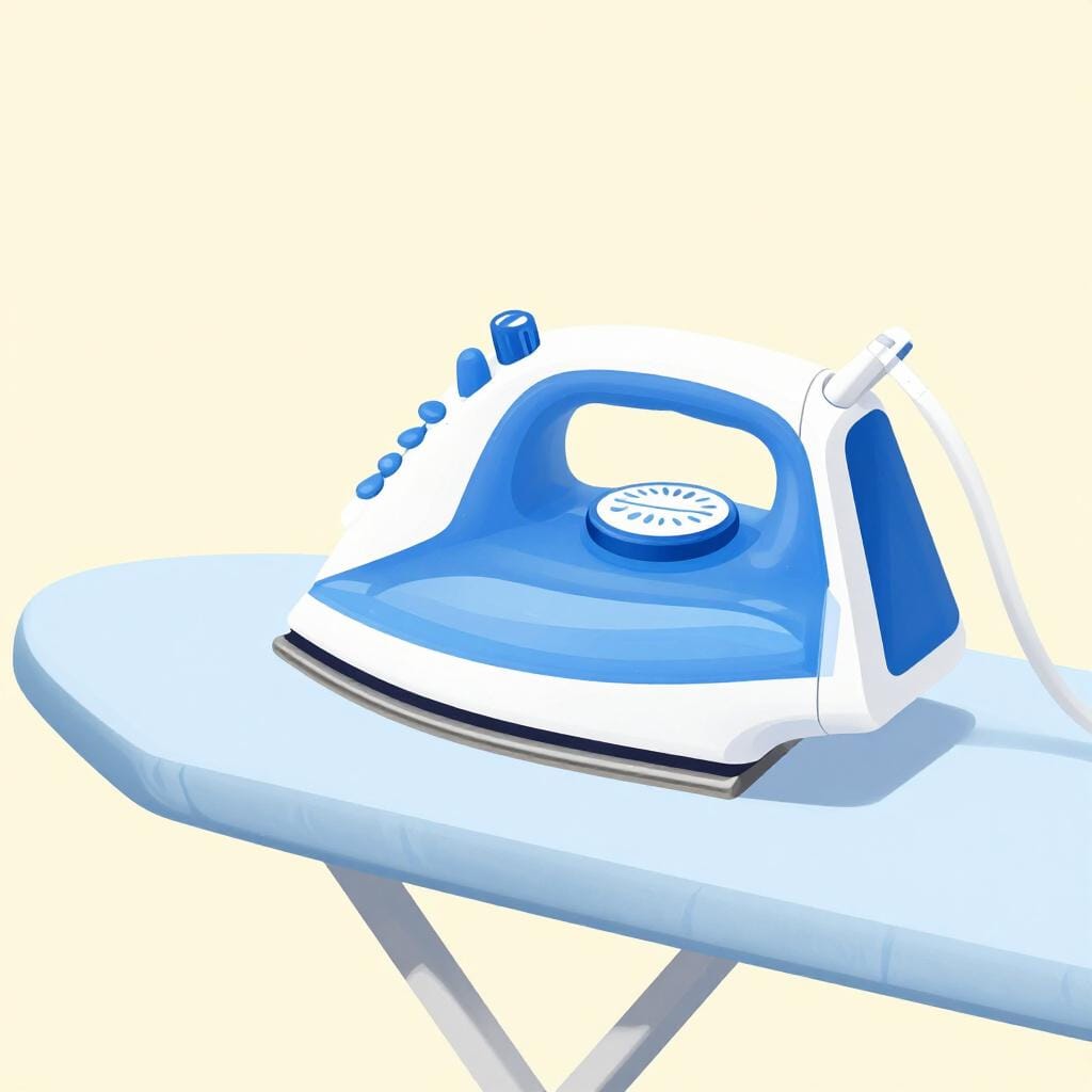 A modern electric clothes iron sitting on an ironing board.
