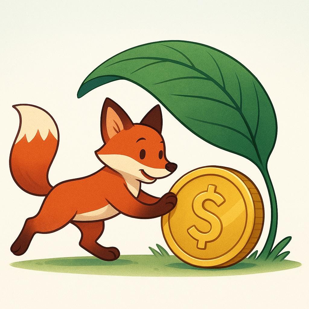 A cartoon fox carefully pushing a shiny gold coin underneath a large green leaf on the ground.