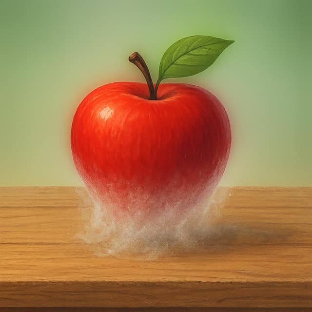 Ein leuchtend roter Apfel auf einem Holztisch löst sich auf halbem Weg in einen Wirbel aus weißem, ätherischem Rauch auf, was den Akt des Verschwindens veranschaulicht.